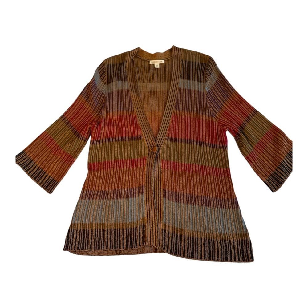 Coldwater Creek Multicolor Striped Ribbed Cardigan Sweater XL Boho Cottagecore